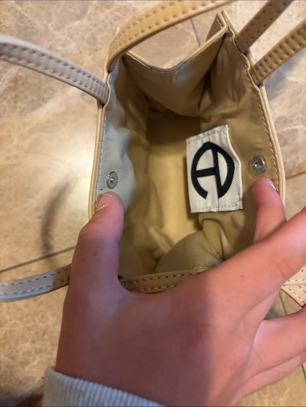 Telfar Beige Mini Leather Tote with Embossed Logo - Picture 2 of 2
